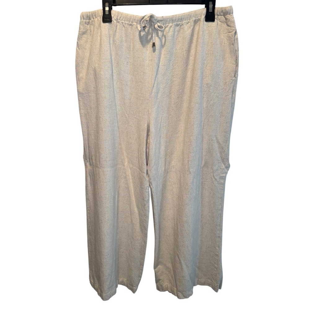 Anrabess Womens XL Linen Blend Wide Leg Pants Oatmeal Beige Drawstring Casual